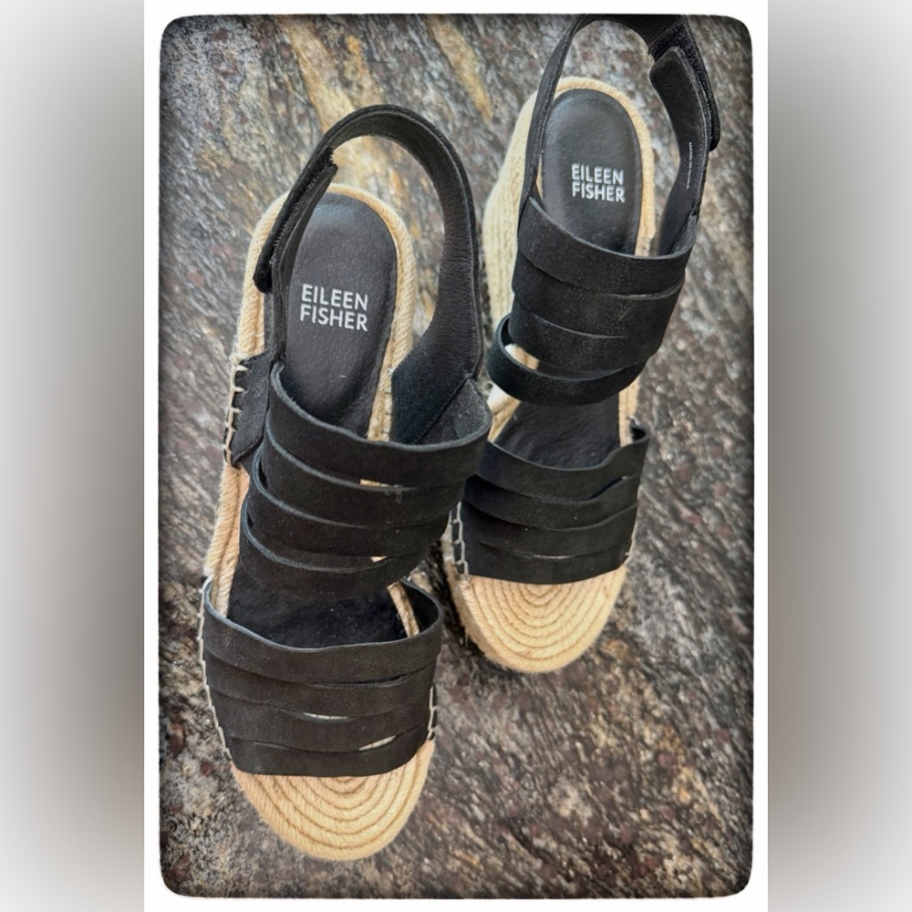 Eileen Fisher 7.5 Black Suede Strappy Espadrille Wedges